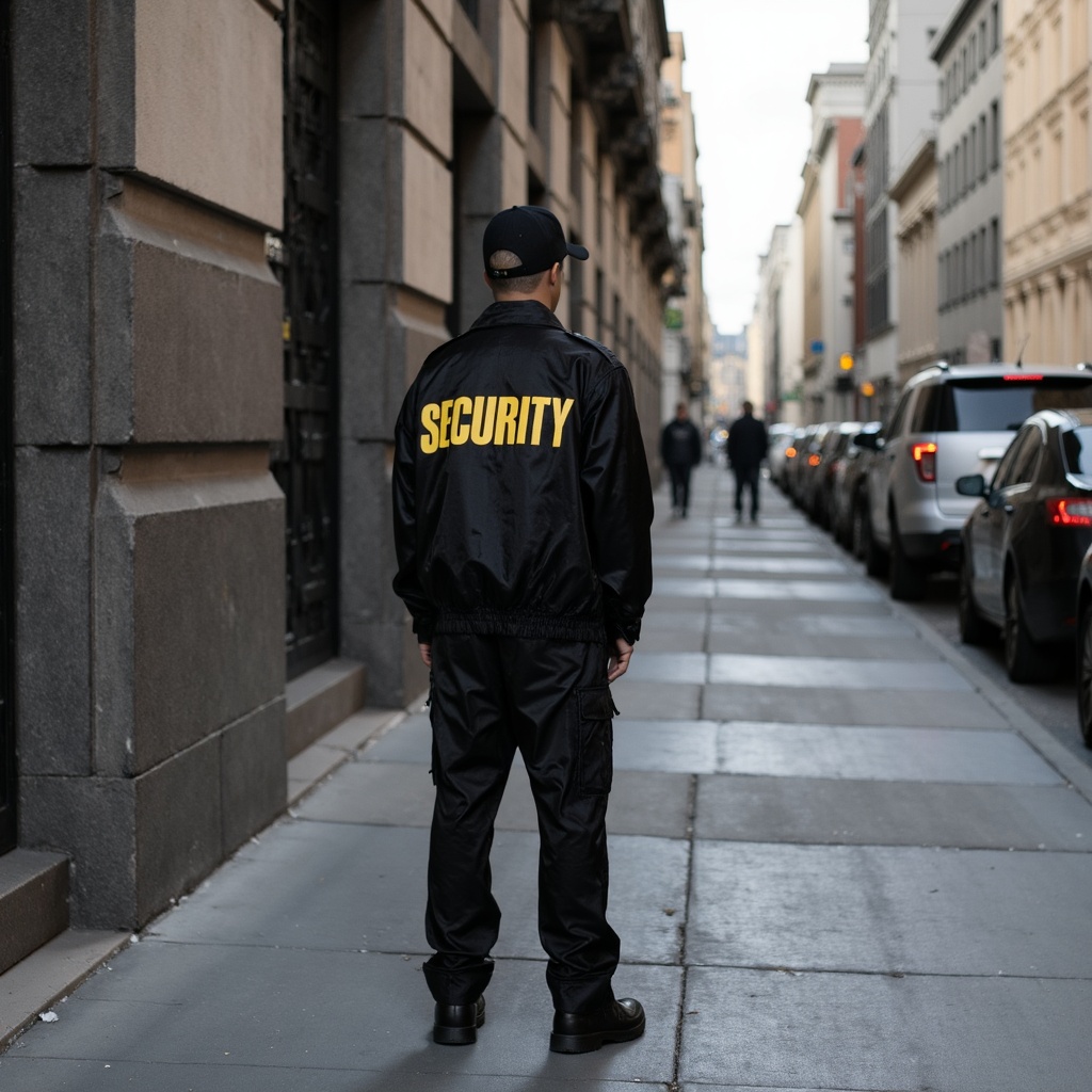 Security officer monitoring San Francisco downtown facility during opening and closing patrol route.