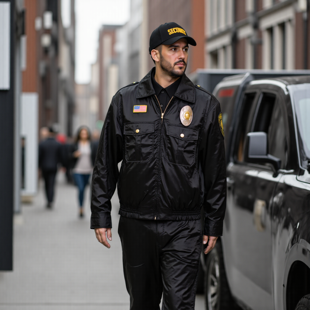 Private security patrol officer walking beside parked vehicles during an urban mobile security route.
