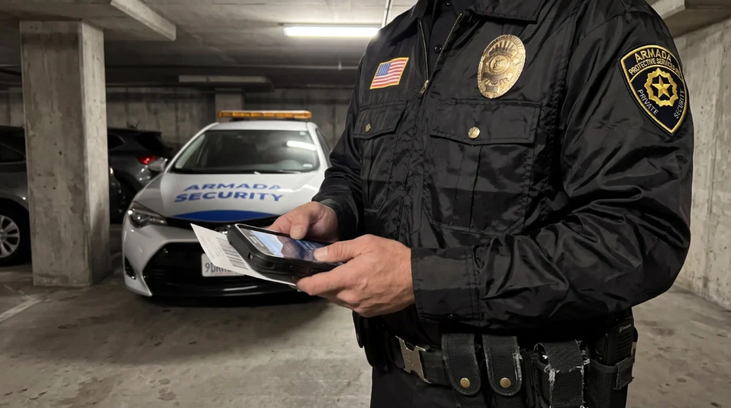Security officer in a black uniform using a handheld scanner/reader to check a ticket in a dim parking garage, with an Armada Security car in the background.