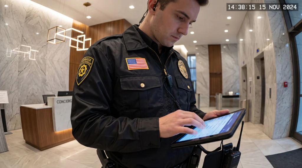 Security guard in uniform using a tablet at a marble lobby reception desk.