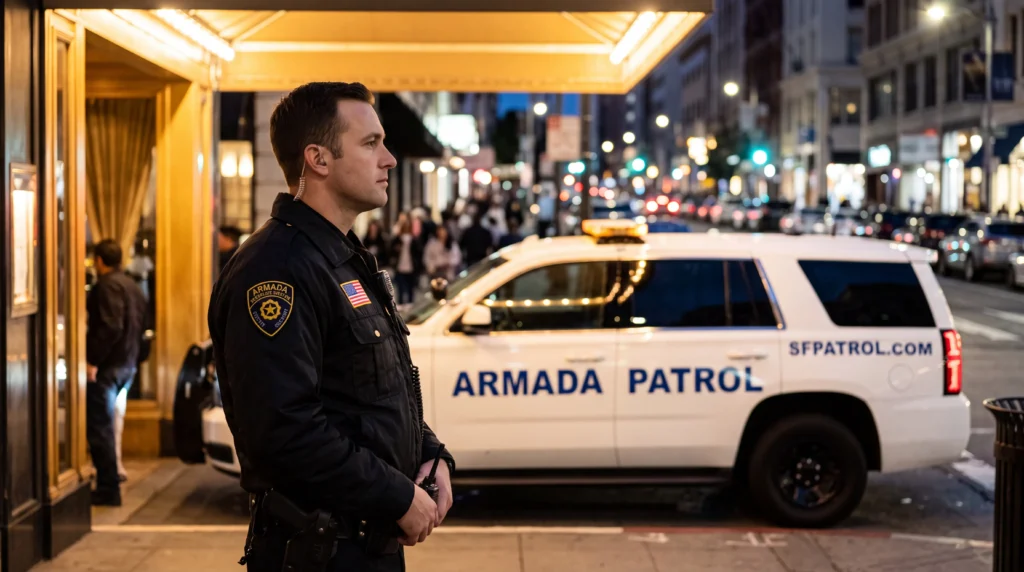 Profile view of a police officer in a dark uniform standing on a city sidewalk at night, with an Armada Patrol SUV parked behind him.