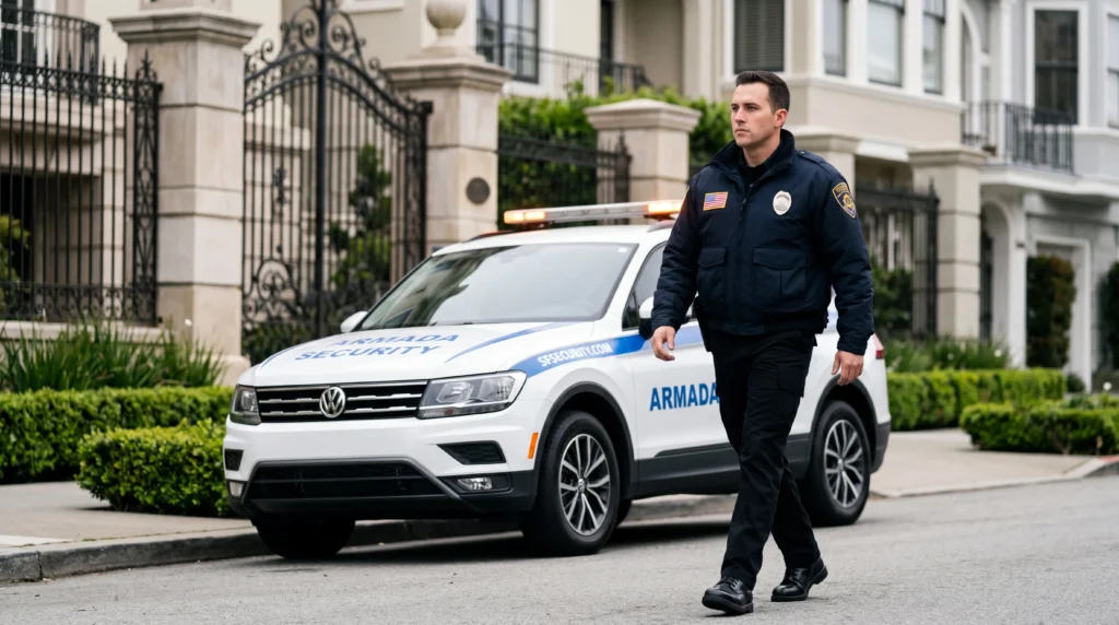 Security guard in a navy uniform walking beside a white Armada Security SUV in a gated residential area.