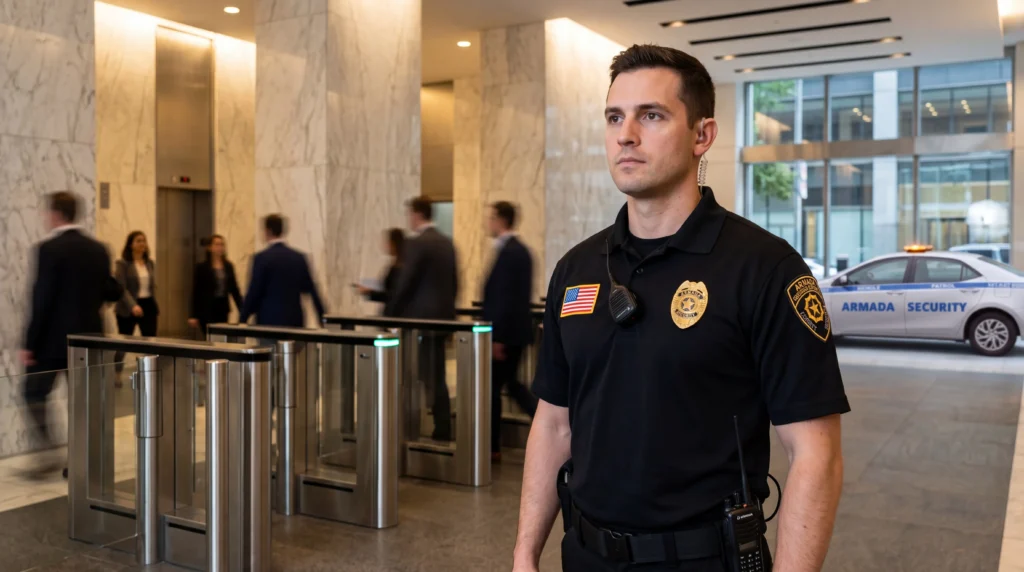 vehicle patrol vs foot patrol sf property guide - top security patrol services in san francisco Uniformed security guard with an earpiece in a marble-floored lobby; turnstiles and an Armada Security car visible outside.