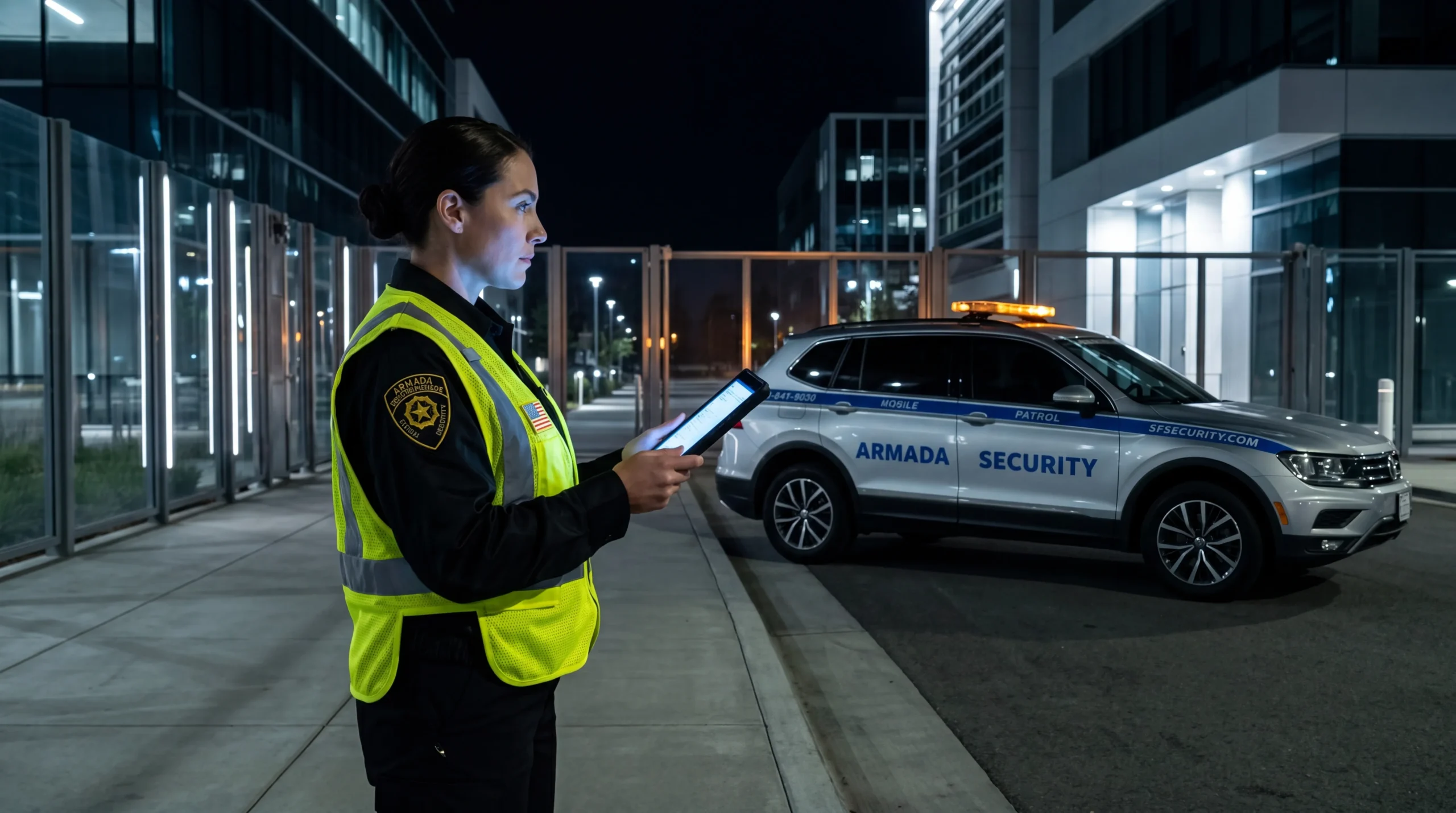 Nighttime security officer in a neon vest uses a tablet beside an Armada Security patrol SUV.