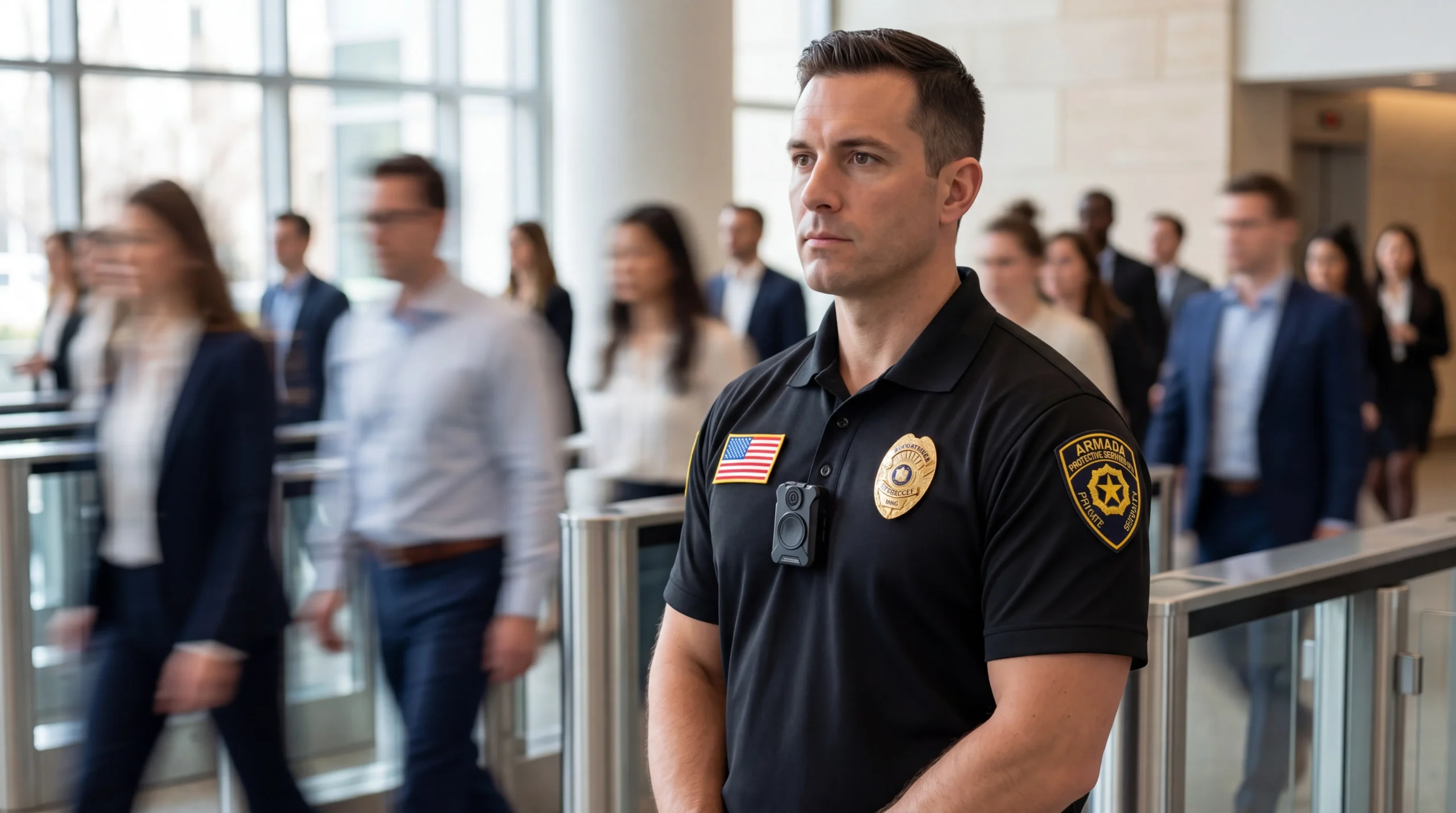 Security officer in a black polo with patches, standing at a barrier while a blurred crowd passes behind him in a bright, modern lobby.
