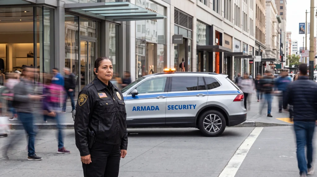 security patrol san francisco | armada patrol serv - armada patrol Armada Patrol officer standing beside a marked patrol vehicle on a busy San Francisco street.